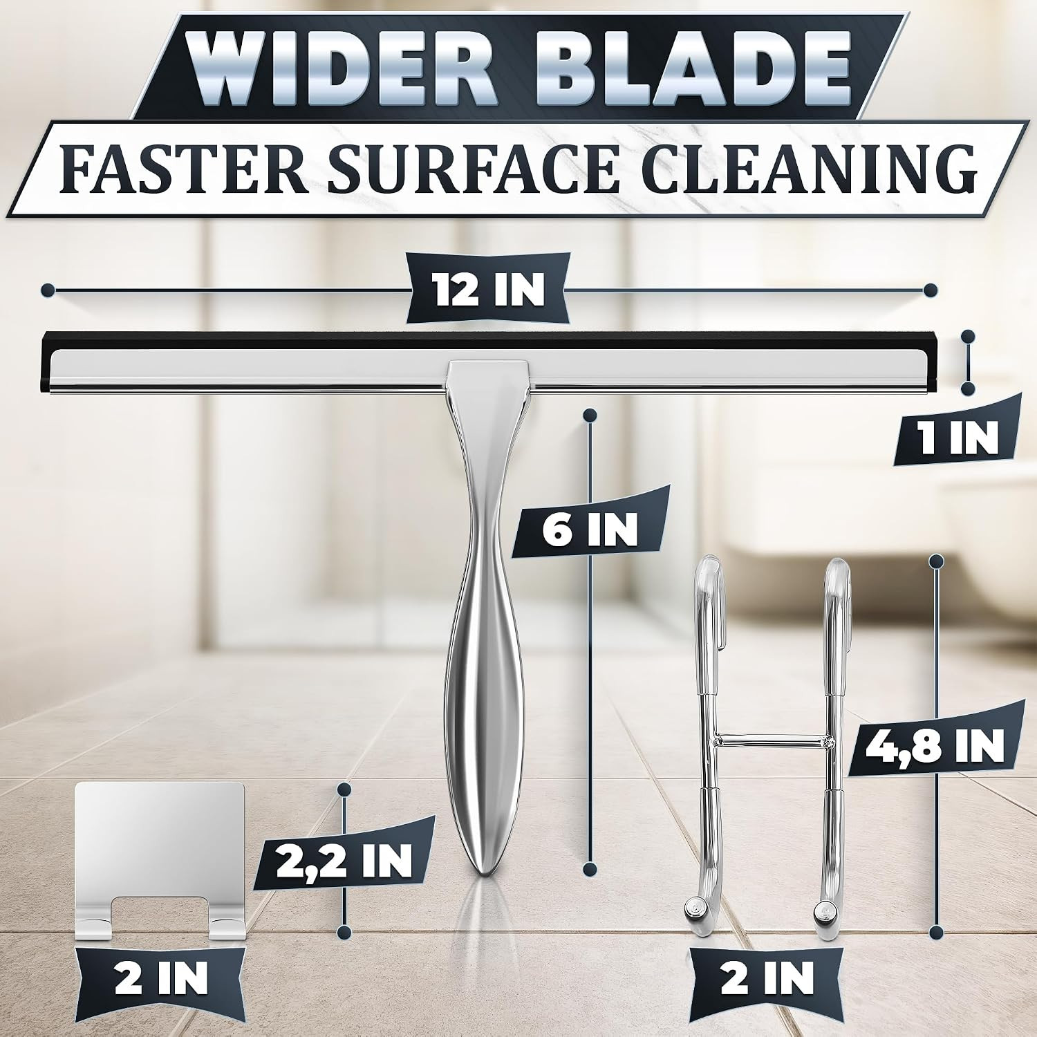 12″ Silver Shower Door Squeegee – Stainless Steel Shower Squeegee for Streak-Fre