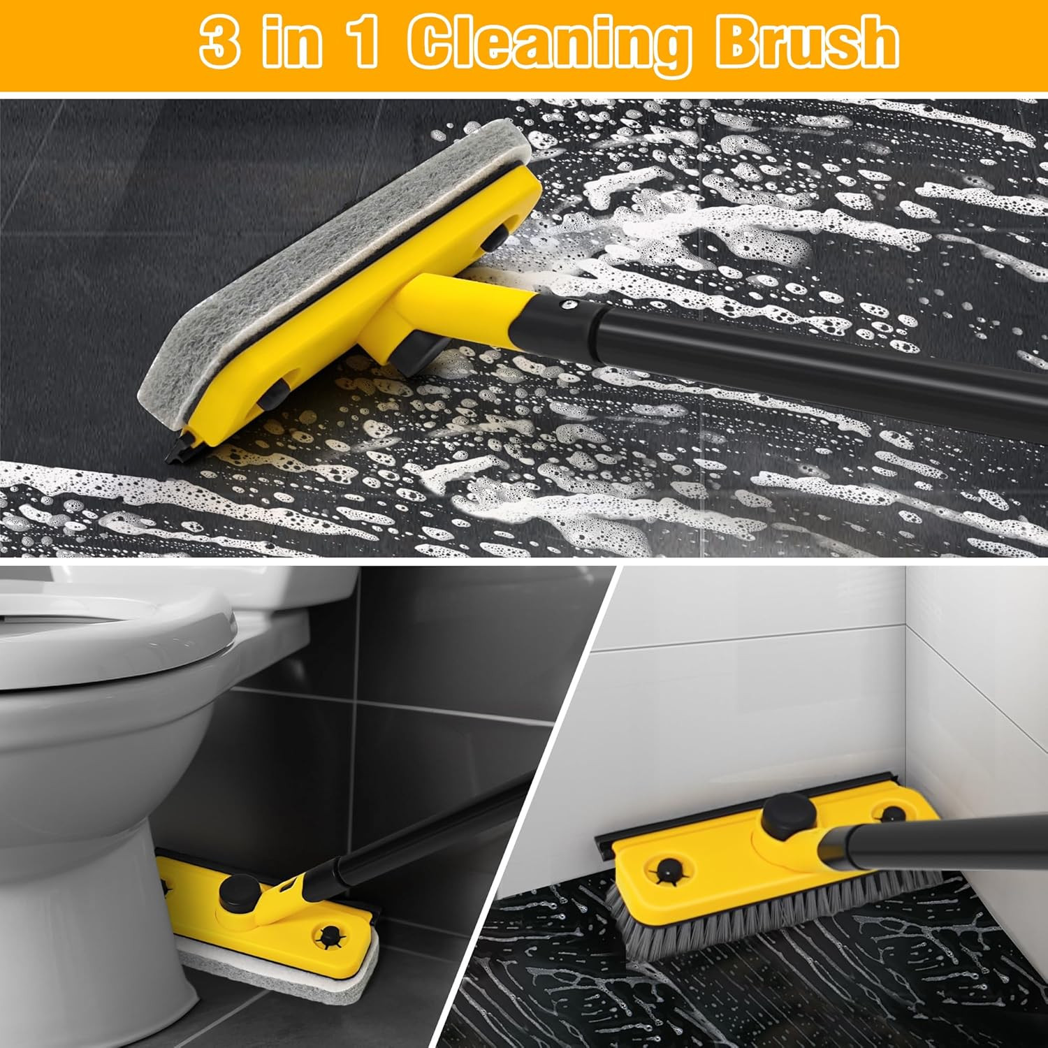 Shower Cleaning Brush, 53.5 inches Long Handle Scrubbing Brush, 3-in-1 Bathroom