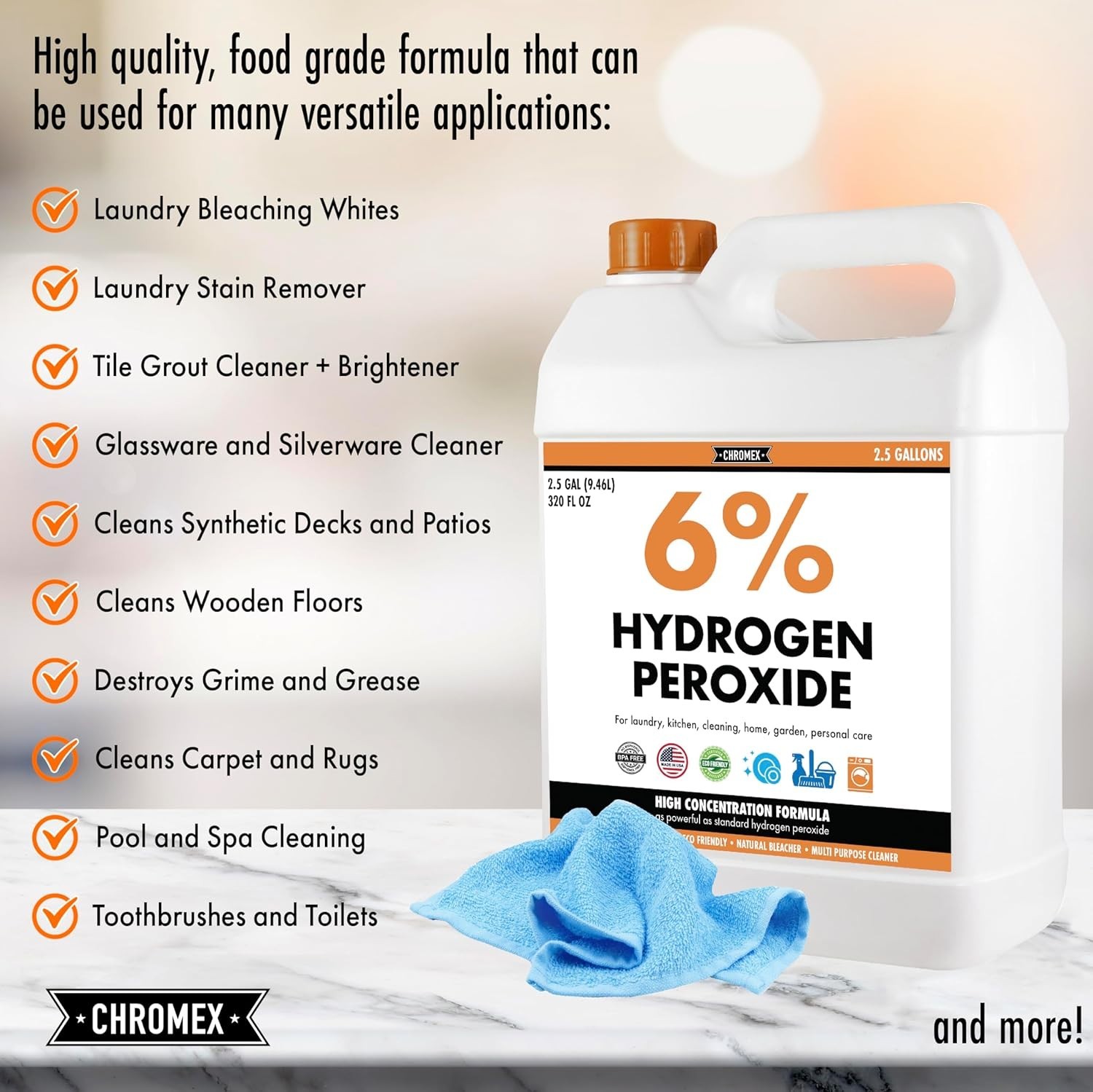 6% Hydrogen Peroxide, Food Grade, Home, Kitchen, Bath Cleaner – 2.5×2 Gallons