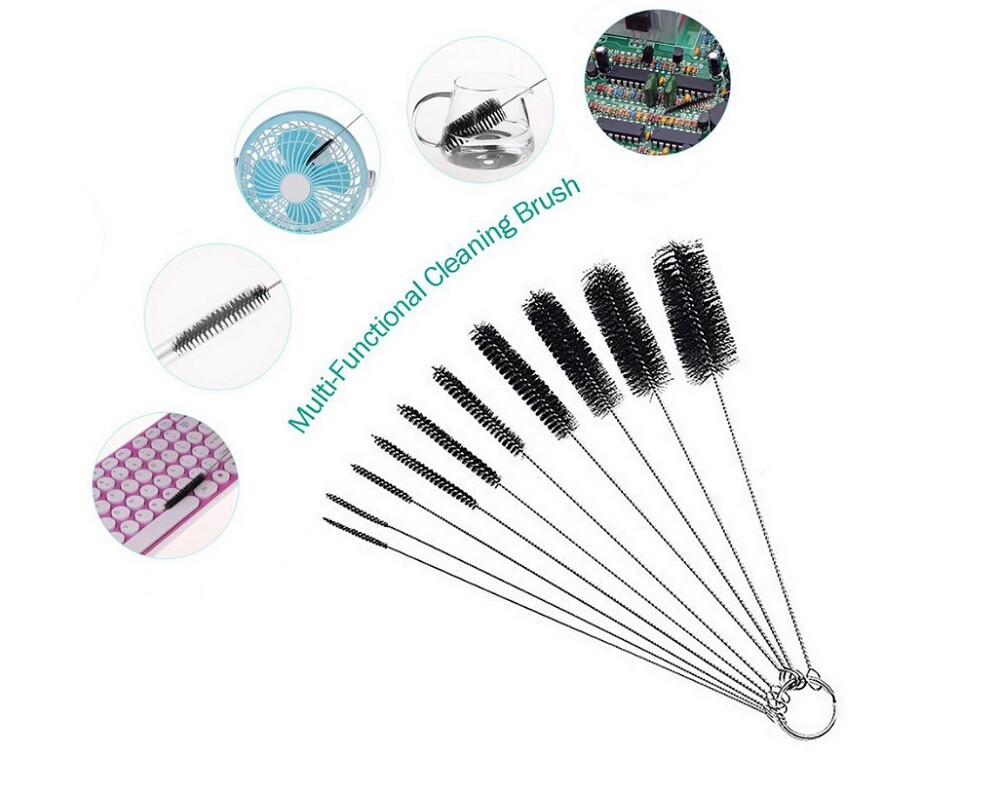 10 Straw Cleaning Brushes Nylon Bristle Stainless Steel Wire Drink Pipe Cleaner