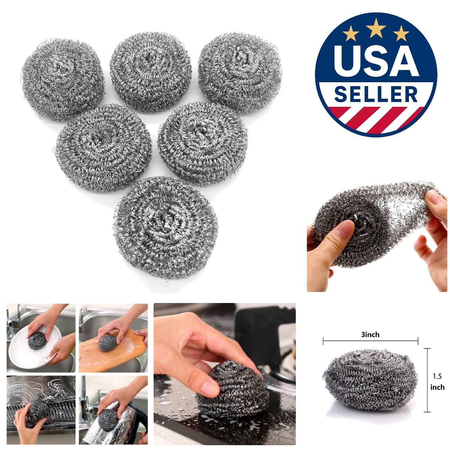 6 Pack Stainless Steel Wool Scrubbers – Heavy Duty Cleaning Pads for Kitchens