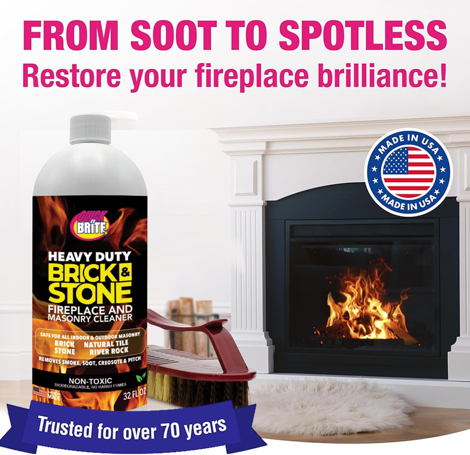 Quick’N Brite Fireplace Brick and Stone Cleaner 32Oz with Scrub Brush – Natural