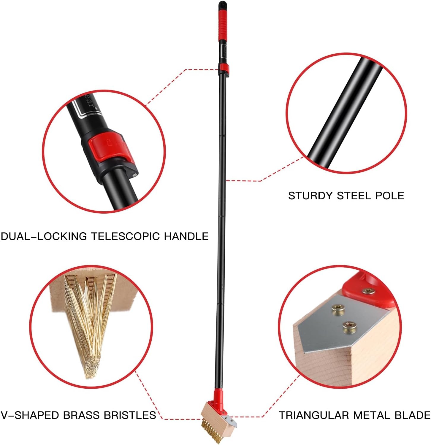 Long-Handled Moss Scraper (53 in), with wire brush and blade, (3 Brush Heads)