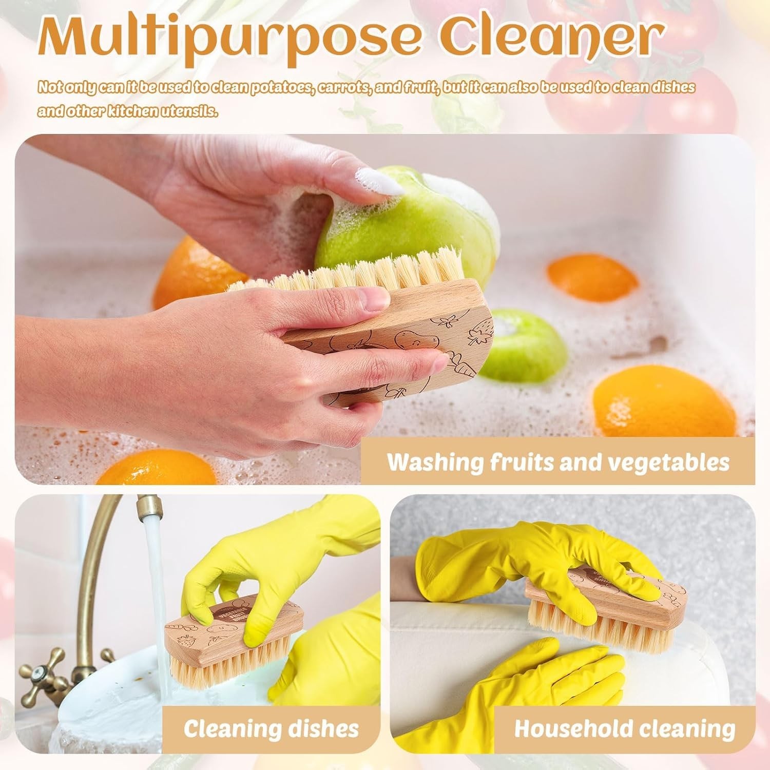Beechwood Vegetable Fruit Cleaning Brush Scrubber Potato Veggie Wash Brush