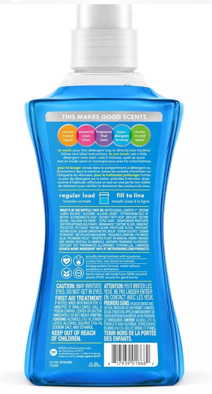 Method Laundry Detergent, Fresh Air Scent, 53.5 oz Bottle, 4/Carton 318025