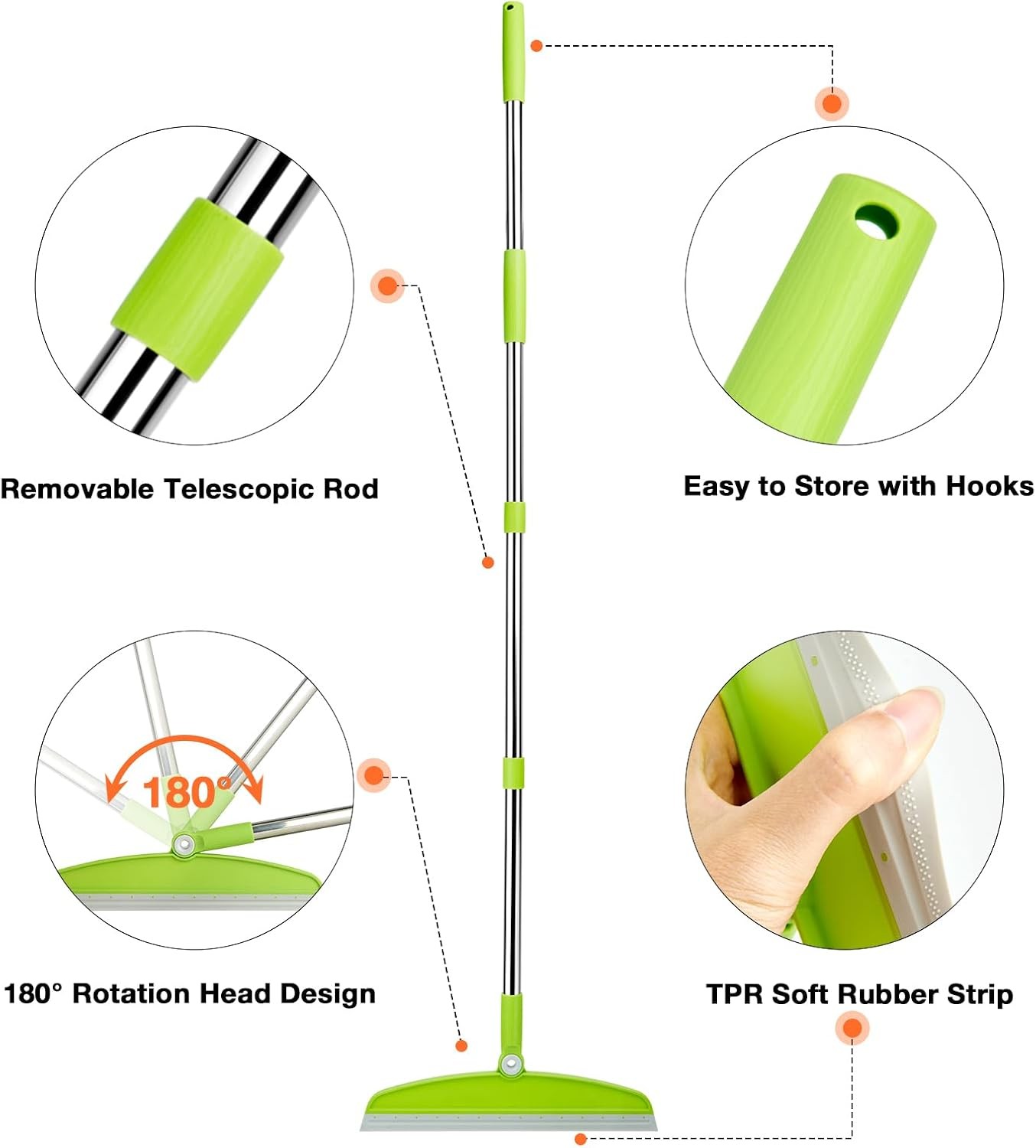 Multifunction Broom with Long Handle, Adjustable Rubber Squeegee Sweeping
