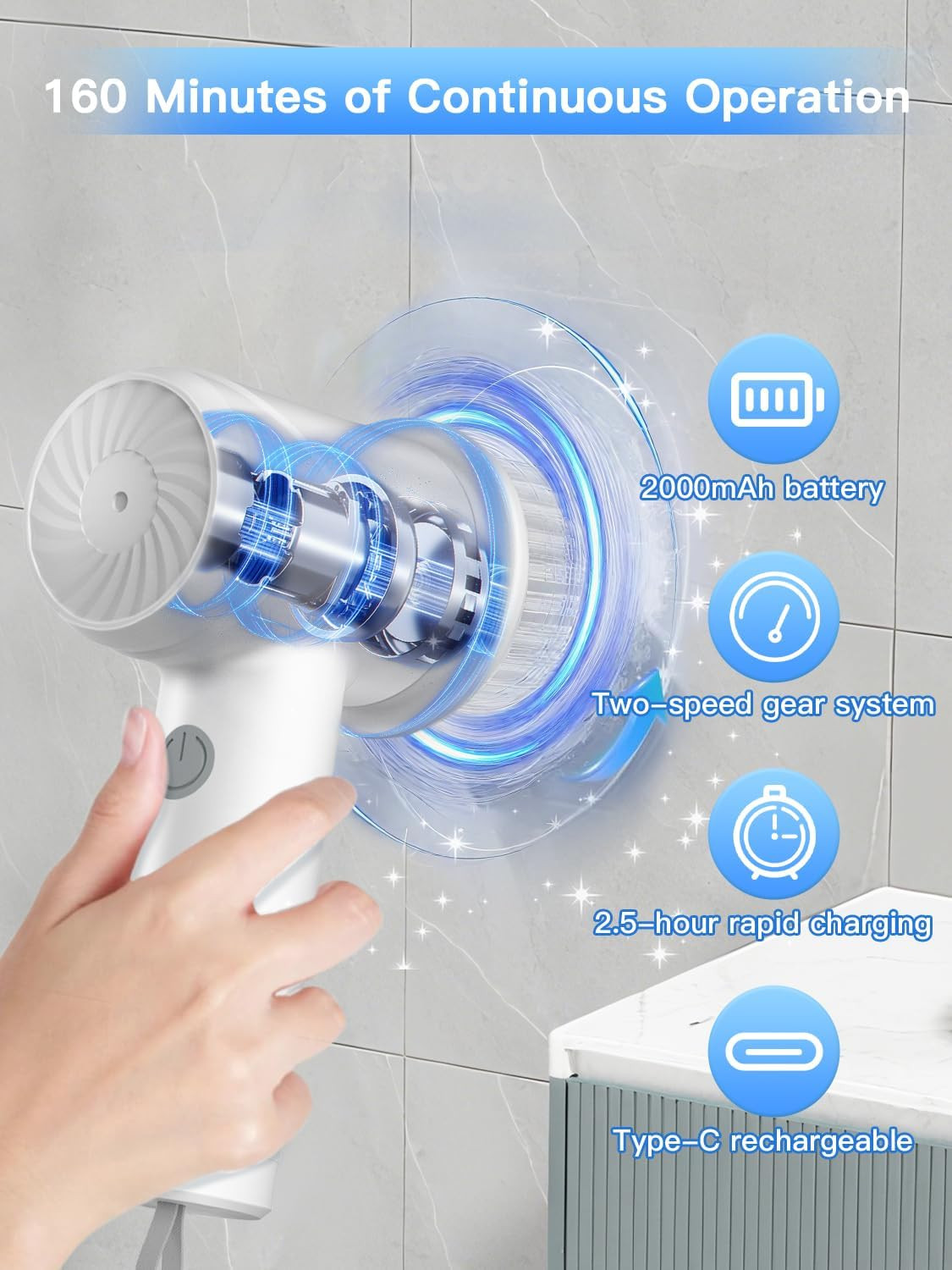 Electric Spin Scrubber Waterproof with 6 Heads 2 Speed Settings Cordless Shower