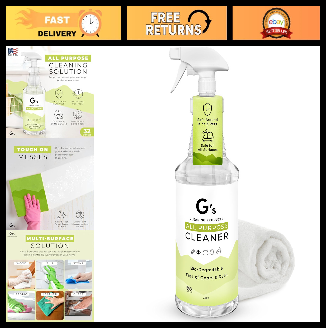 Biodegradable All-Purpose Cleaner Spray – 32 oz Non-Toxic Multi-Surface Cleaner