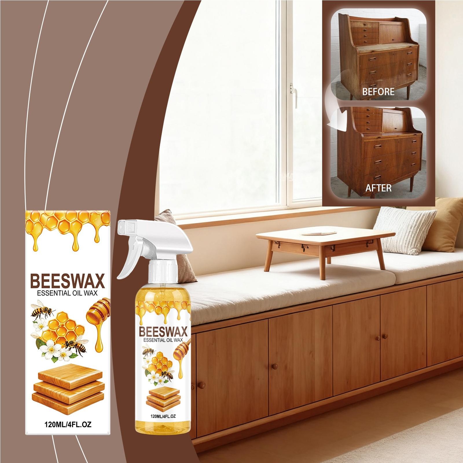 Beeswax Spray Essential Oil Wax,Multi-Purpose Furniture Polish,Wood Care Spray