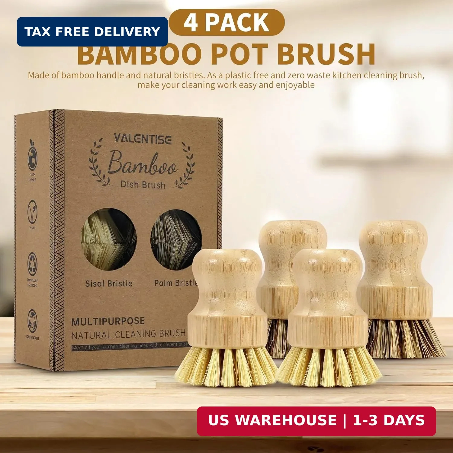 4 Pack Bamboo Dish Brush Set, Natural Palm Dish Scrubber for Pots and Vegetables