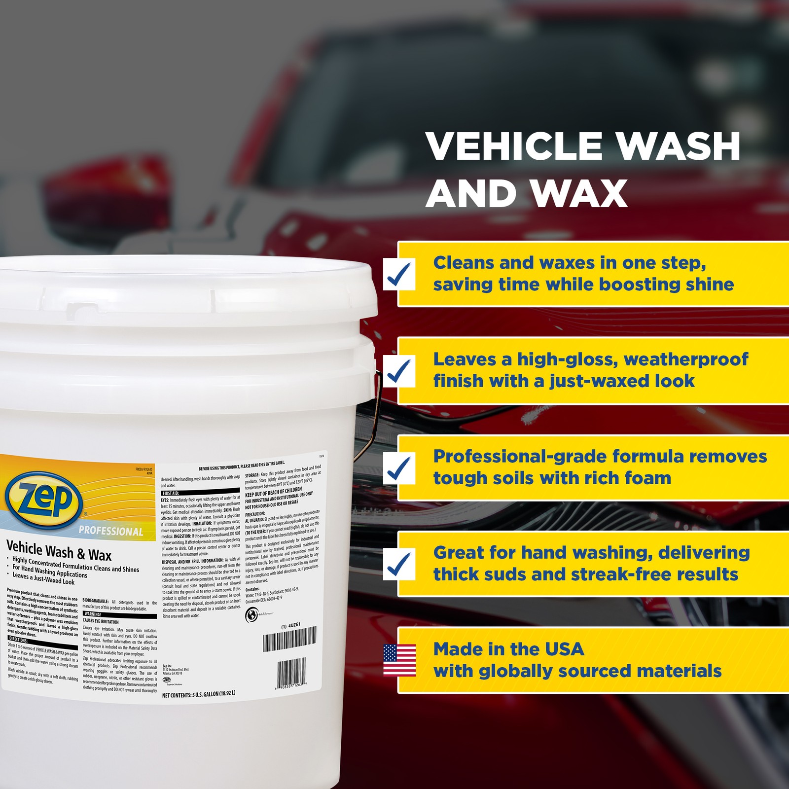 Zep Vehicle Wash and Wax – 5 Gallon (1 Bucket) 1041582 – Leaves A Waxed, Shiny,