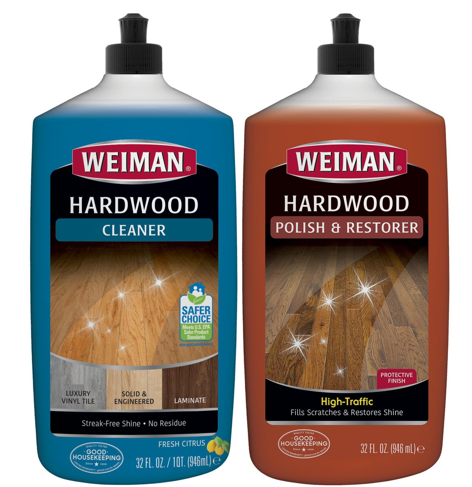 Weiman Hardwood Floor Cleaner and Polish Restorer Combo – 2 Pack – High-Traff…
