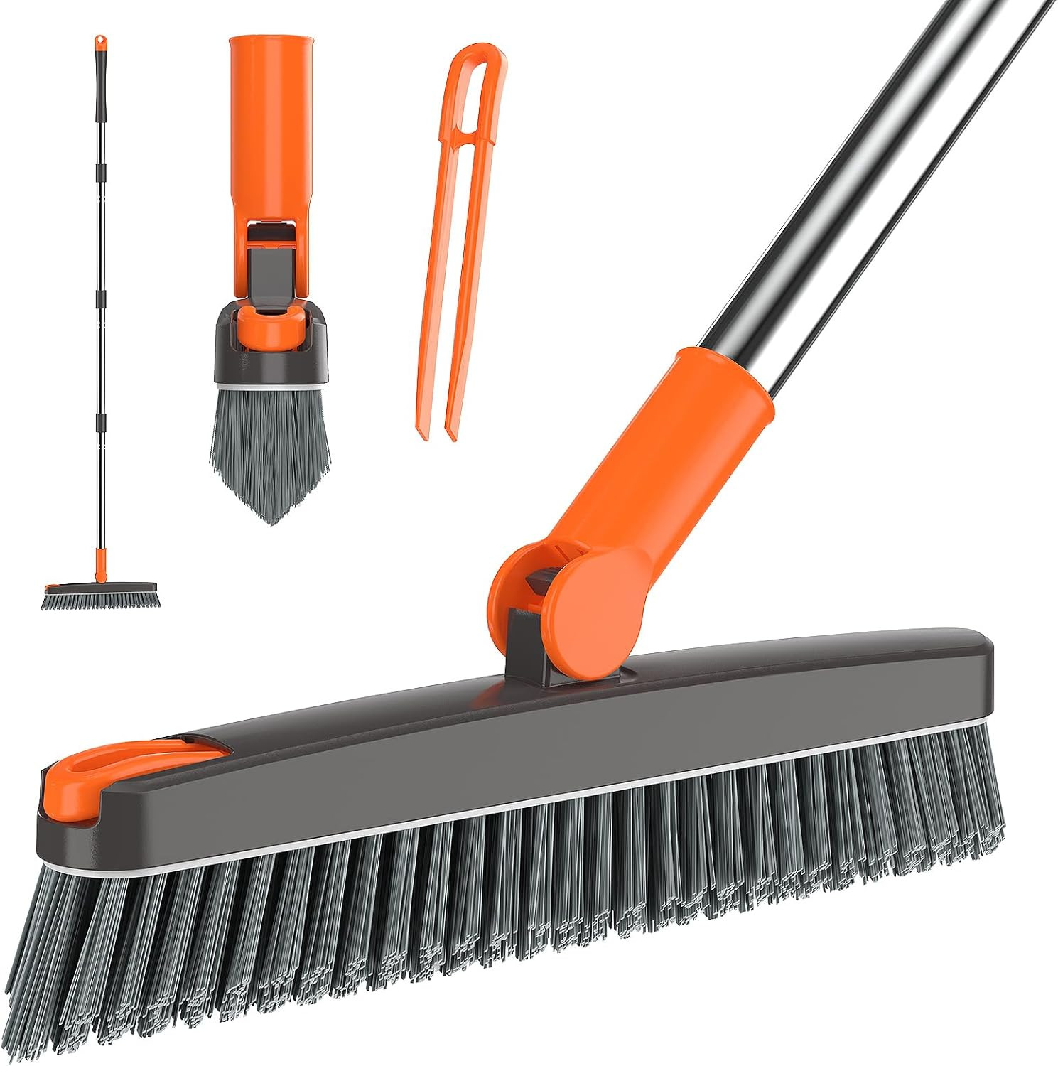 Grout Brush with Long Handle 180° Swivel Scrub Brush with Tweezers to Hair Clip