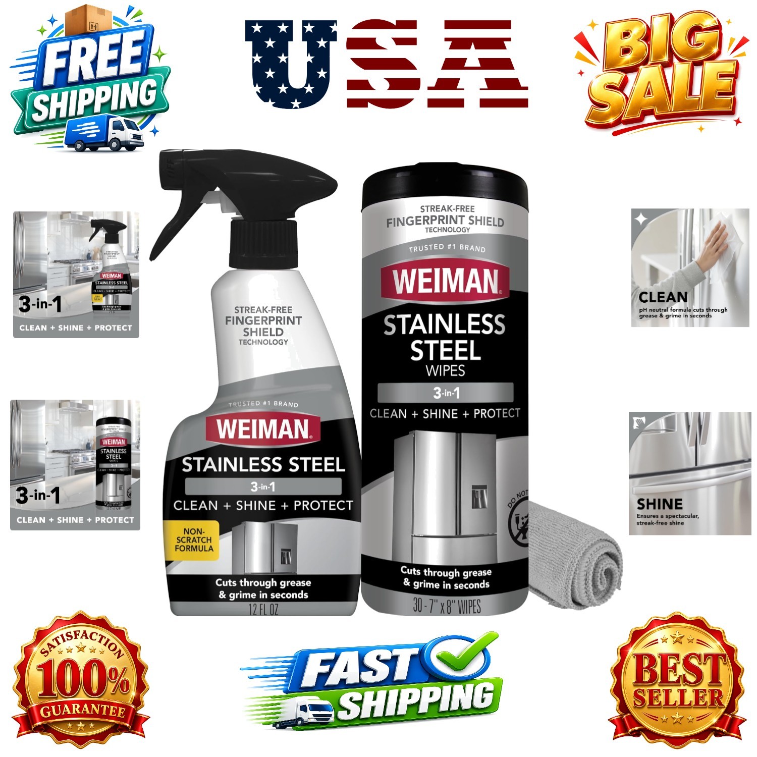 Stainless Steel Cleaner & Polish Kit, 3 Piece – Spray, Wipes & Cloth, Anti-Fi…