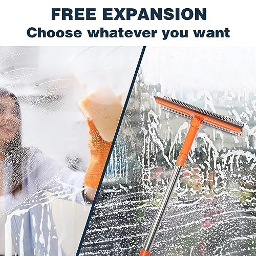 2-in-1 Window Squeegee Cleaner with Long Handle, Sponge & Stainless Steel for Gl