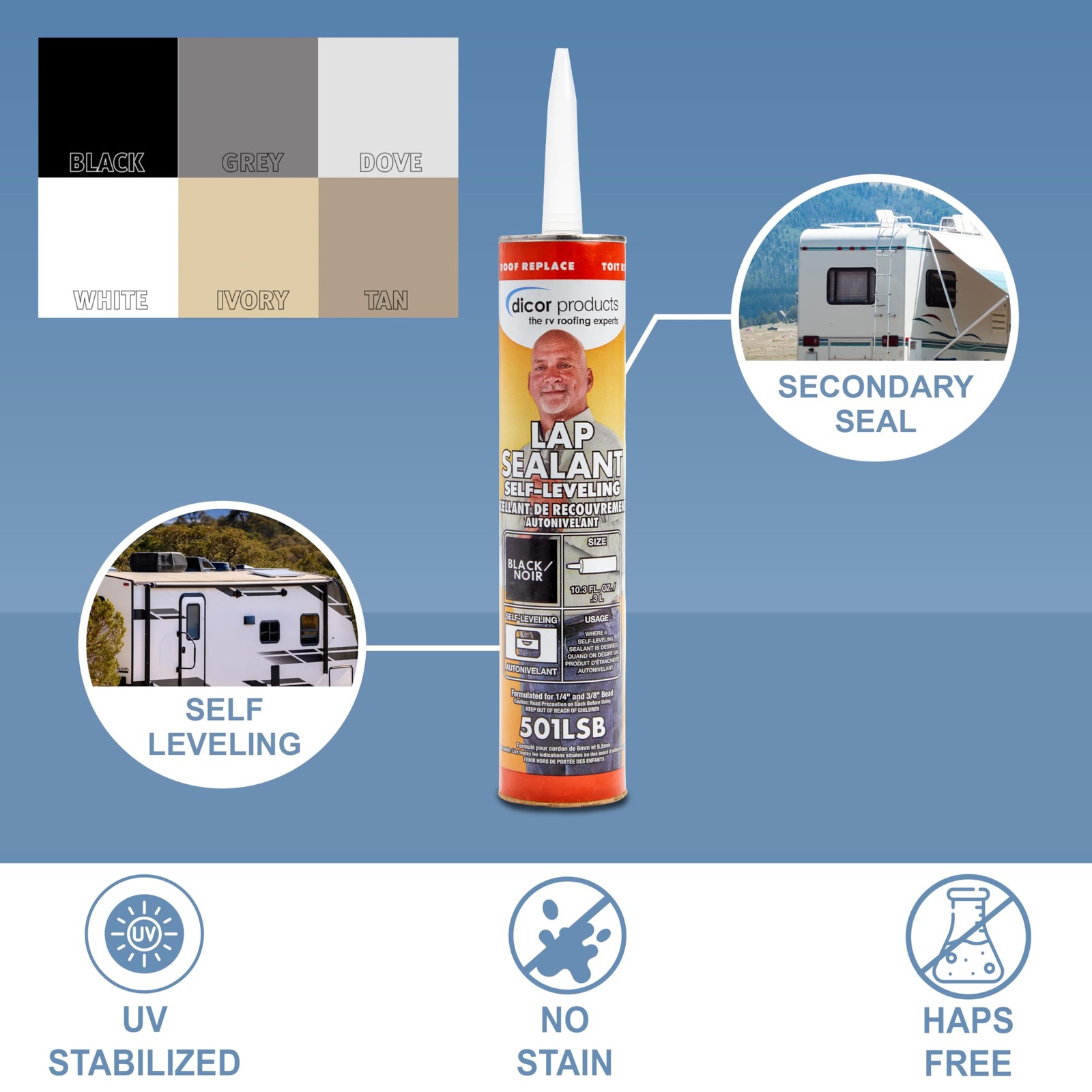Dicor 501LSB-1 Self Leveling RV Roof Lap Sealant Tube Black 10.3 Oz Waterproof