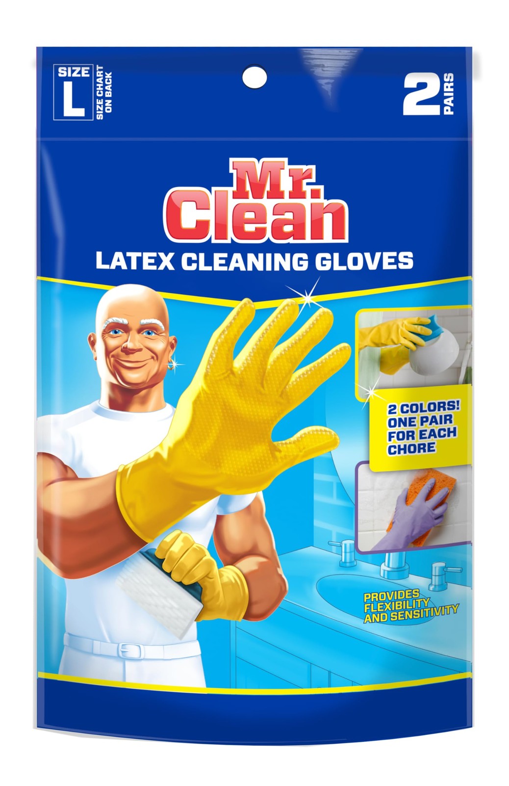 Mr. Clean Large Reusable Latex Gloves, 2 (Latex, Pack of 4), Blue/Navy