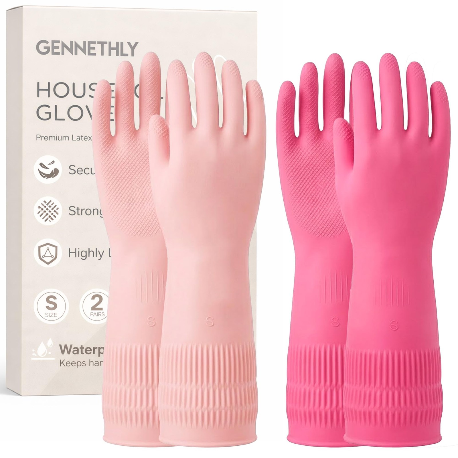 Rubber Cleaning Gloves, Dishwashing Kitchen Glove Medium (2 Pairs), Red+pink