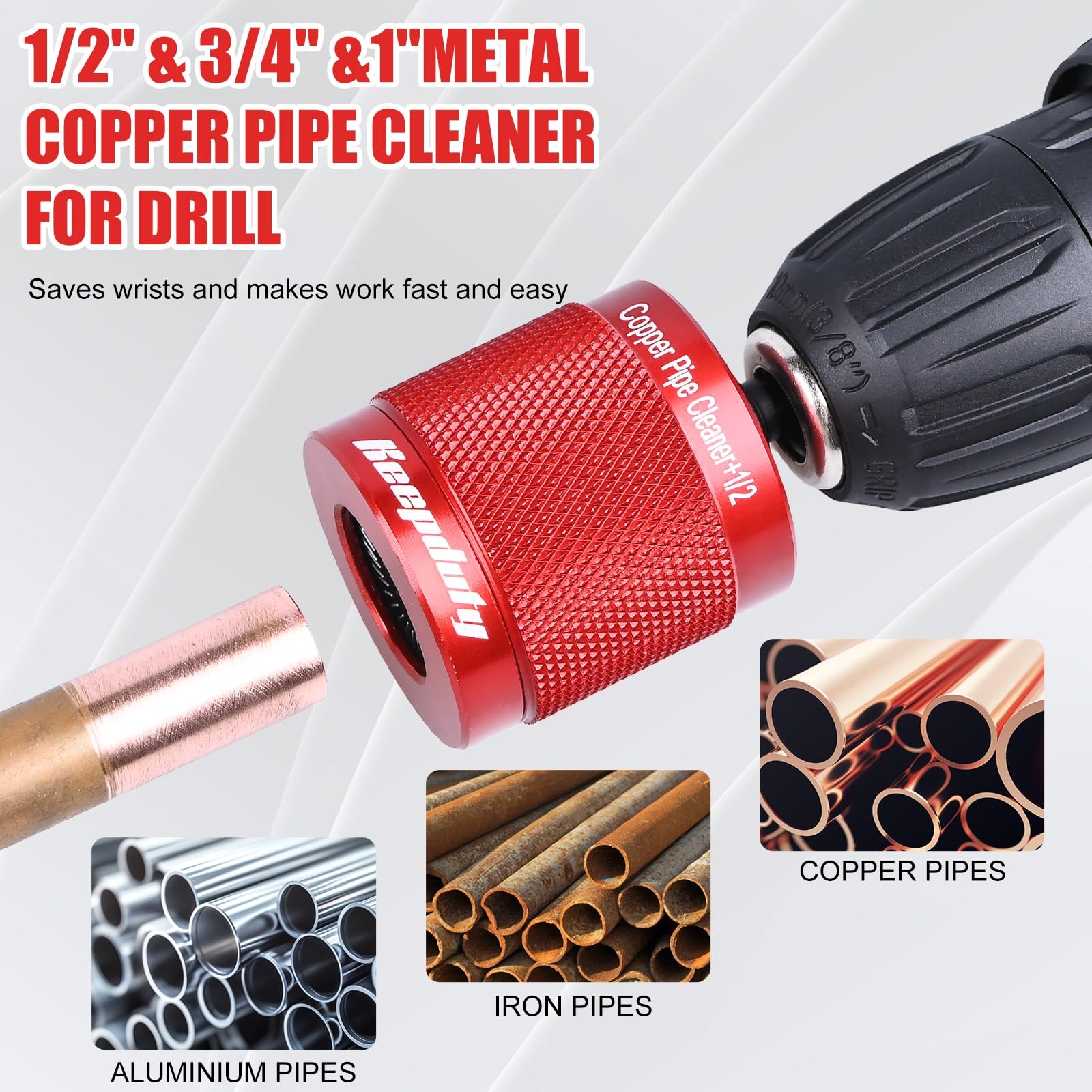 1/2″ & 3/4″ & 1″ Copper Pipe Cleaner for Drill, with 1/4″ Hex Shank & 6 Brush…