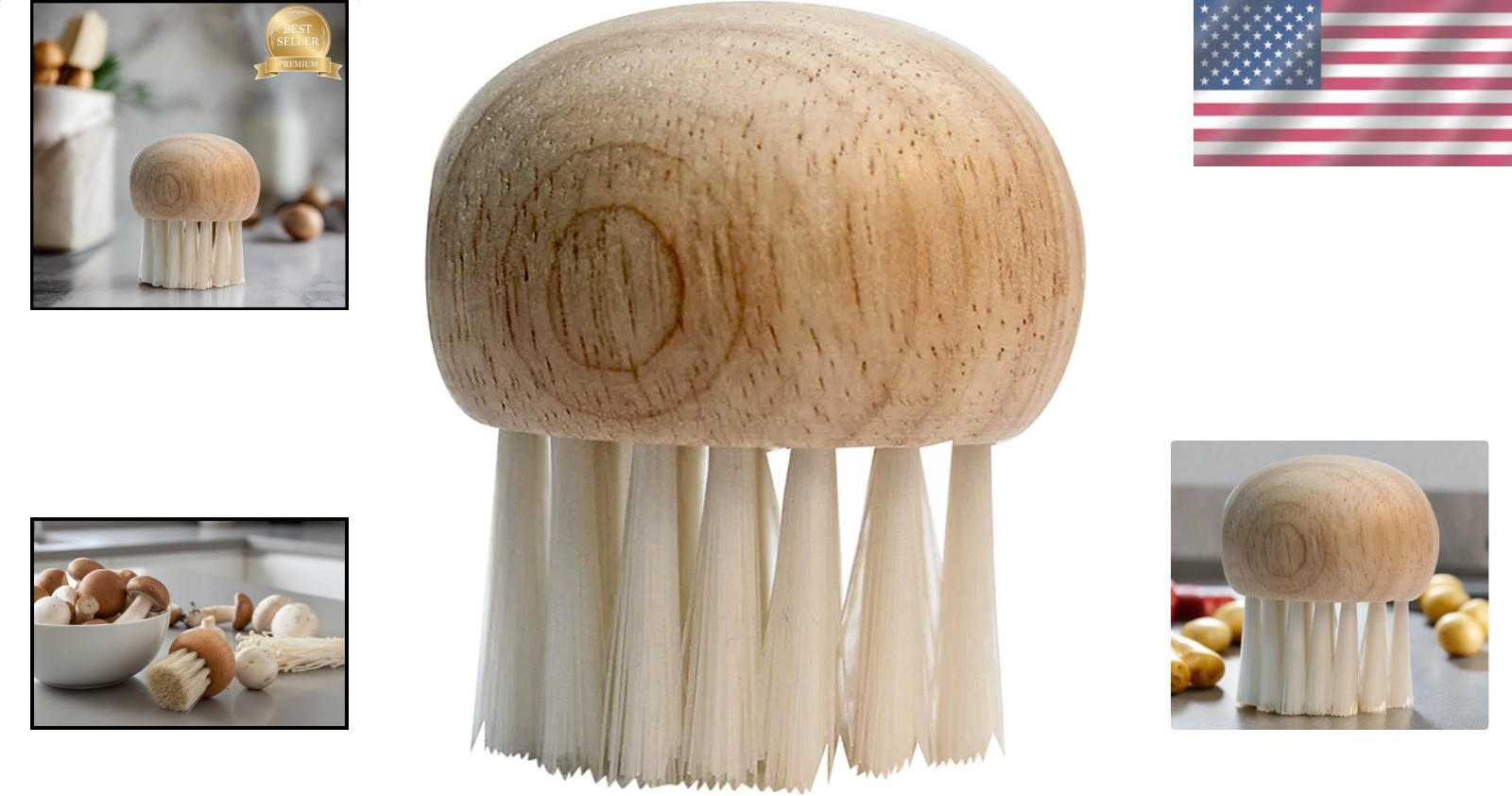 Mushroom Brush Beechwood Handle Natural Bristles Vegetable Scrubber