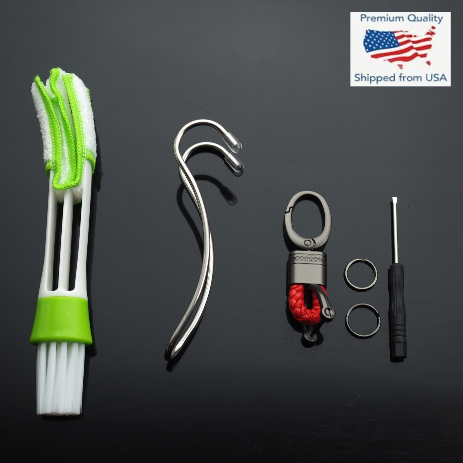 3pc Car Seat Hook Hanger – Vent Blinds Brush – Red Woven Leather Key Fob Holder