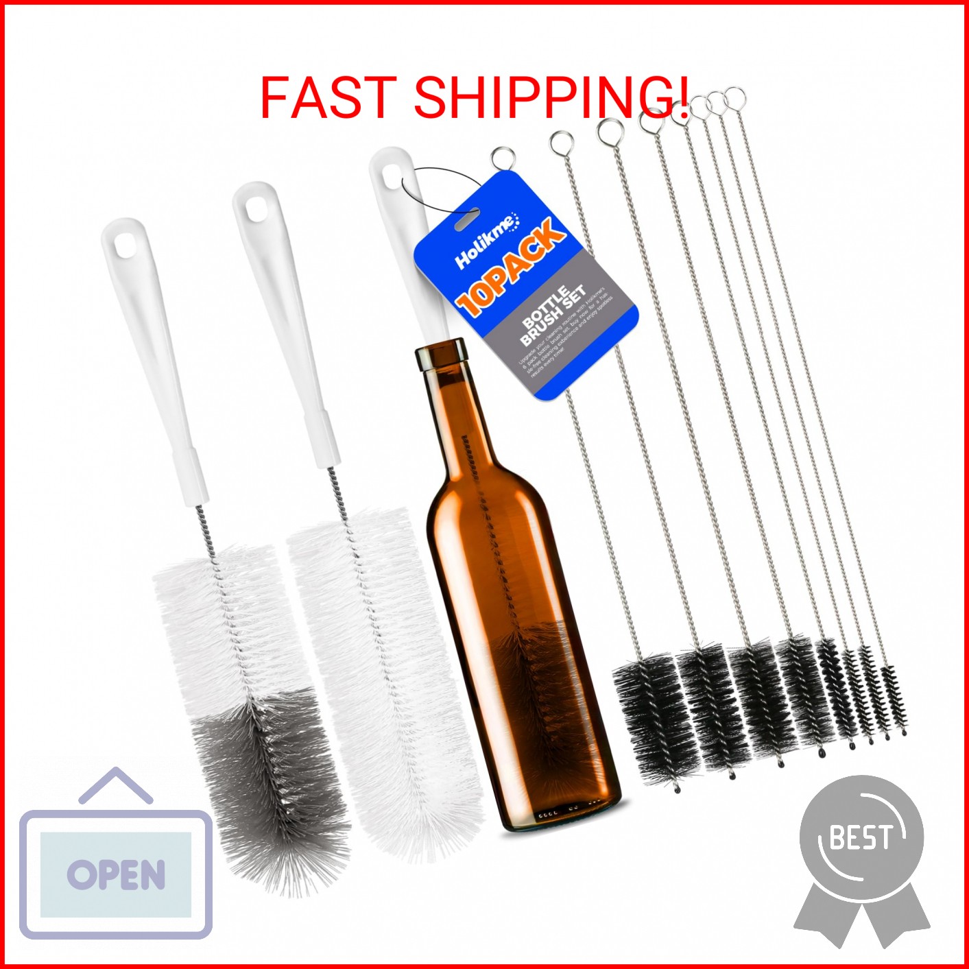 Holikme 10 Pack Bottle Brush Cleaner Set, 15″ Long Handle Bottle Cleaner Brush,