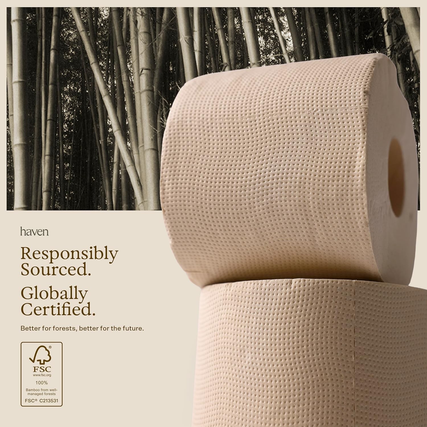 Haven Unbleached Bamboo Toilet Paper with Plastic Free Packaging, 3-Ply, 24 Ro