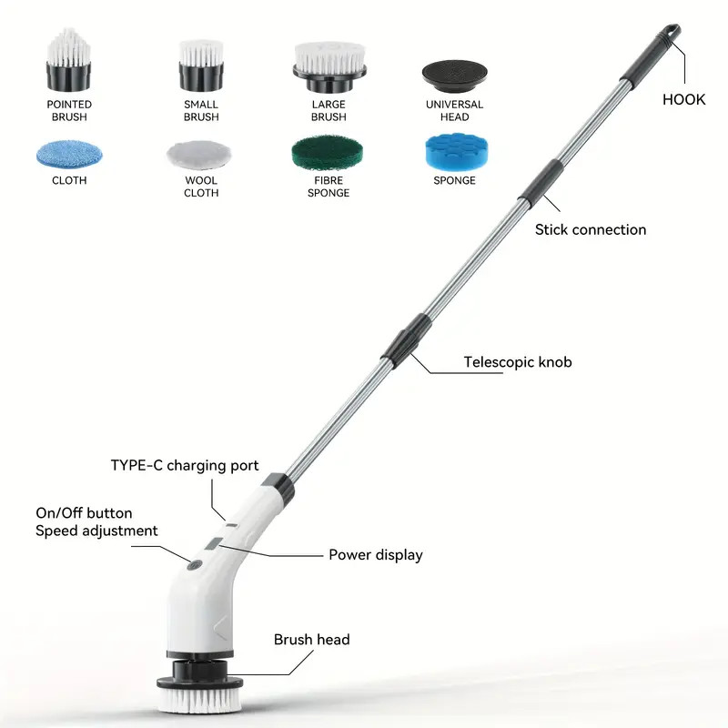 7-in-1 Electric Cleaning Brush Telescopic Handle Multifunction Floor & Kitchen T