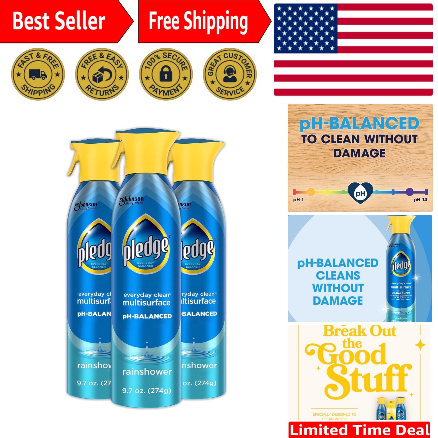 pH-Balanced Multisurface Spray, 9.7oz Pack of 3 – Everyday Cleaner, Rainshower