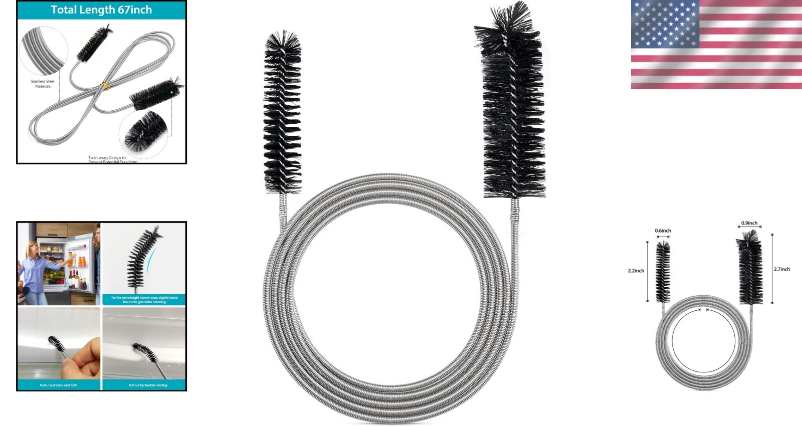 67-Inch Flexible Drain Cleaning Brush with Dual Heads for Efficient Maintenance