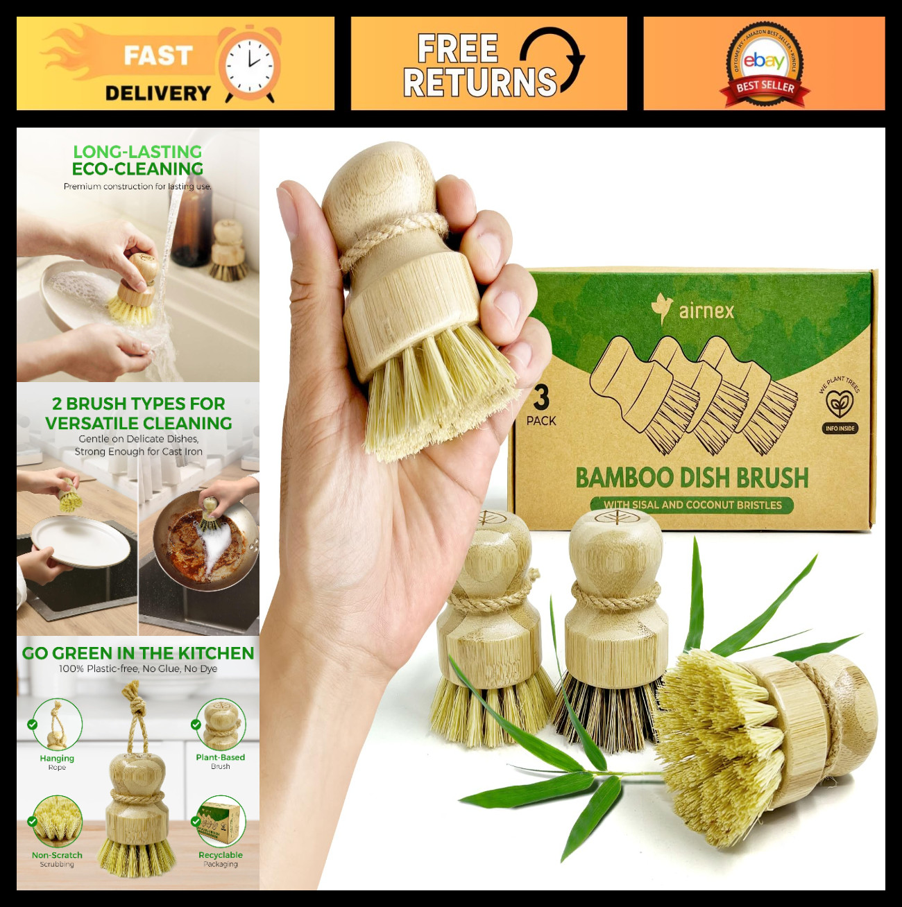 Bamboo Dish Brush Set of 3 – Natural Wooden Scrubber with Stiff Sisal & Coconut