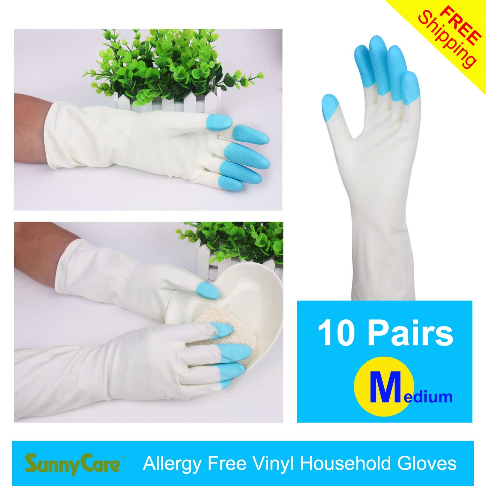 10Pairs SunnyCare Heavy Duty Household Cleaning Vinyl Gloves 13” L (Latex Free)