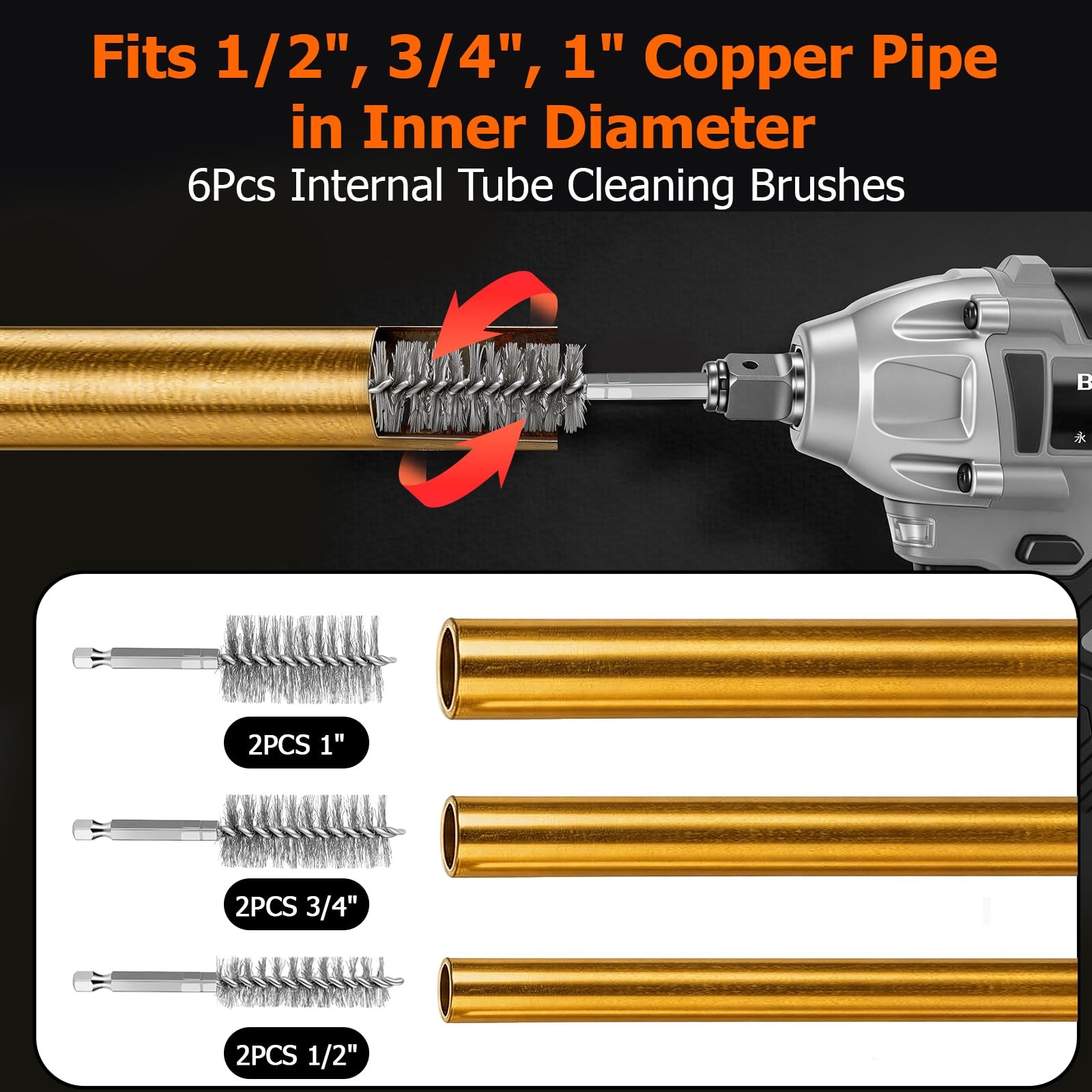 1/2″ & 3/4″ & 1″ Metal Copper Pipe Cleaner Set, with 1/4 Hex Shank, Each Size…