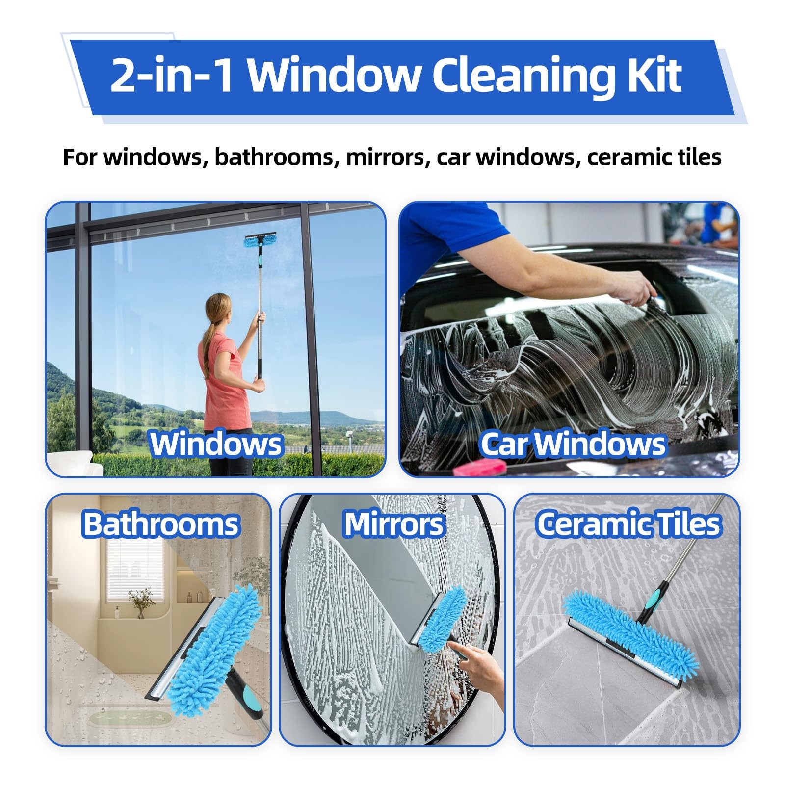 122” Window Washing Kit with Extension Pole, 2-in-1 Window Cleaning Kit with…