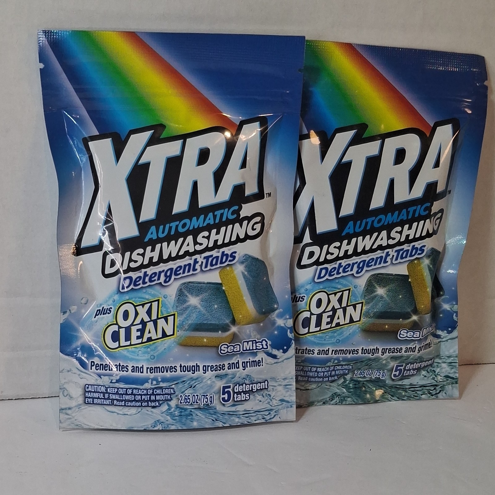 XTRA Dishwasher Detergent Tablets with OxiClean, Sea Mist, 5 Tabs, 2-Pack