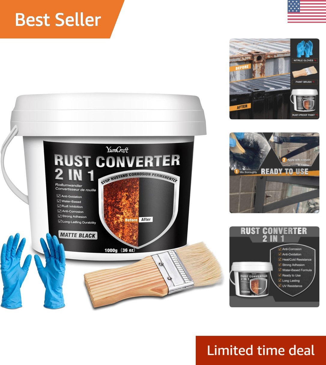36oz Eco-Friendly 2-in-1 Rust Converter Paint & Metal Primer for Steel Surfaces