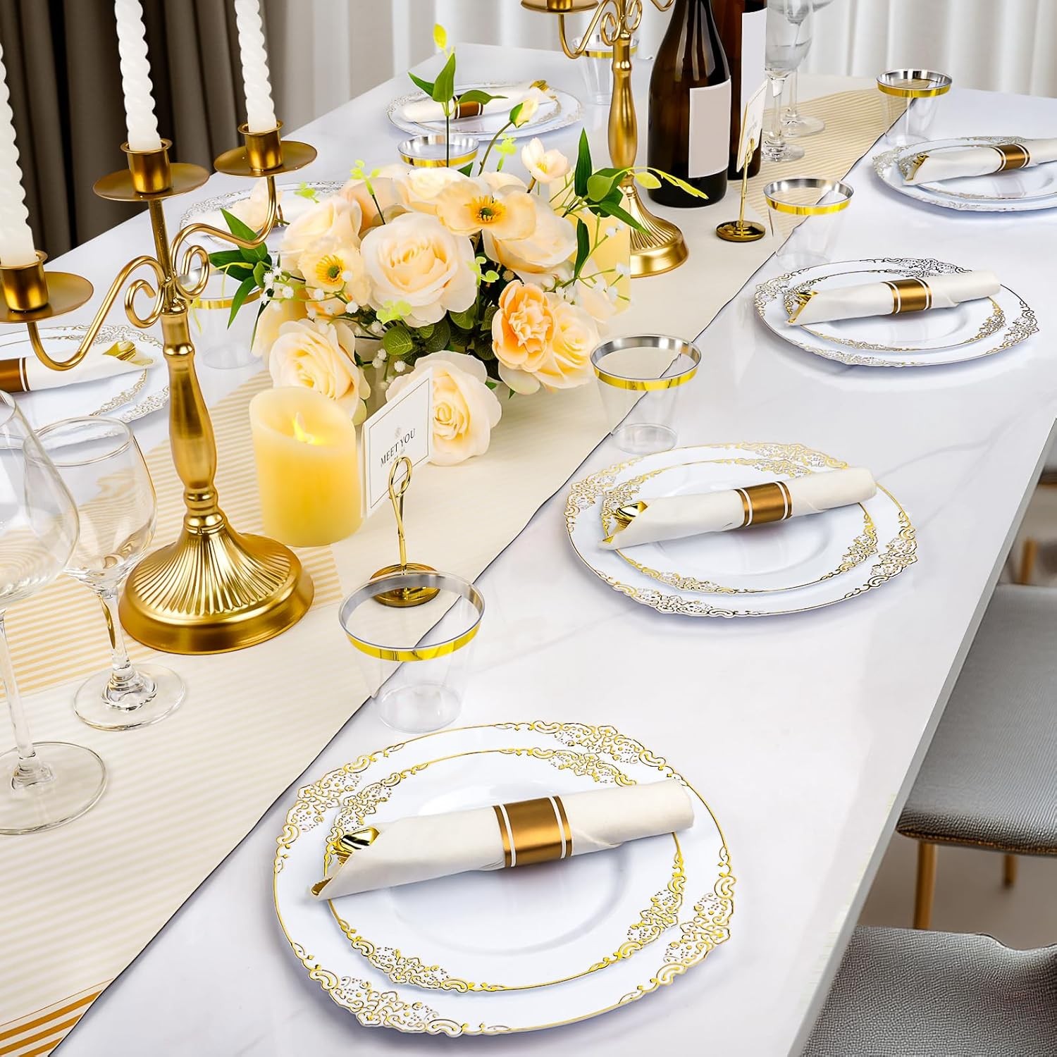 Realluck 350 PCS White and Gold Plastic Plates, Plastic Dinnerware Set for 50