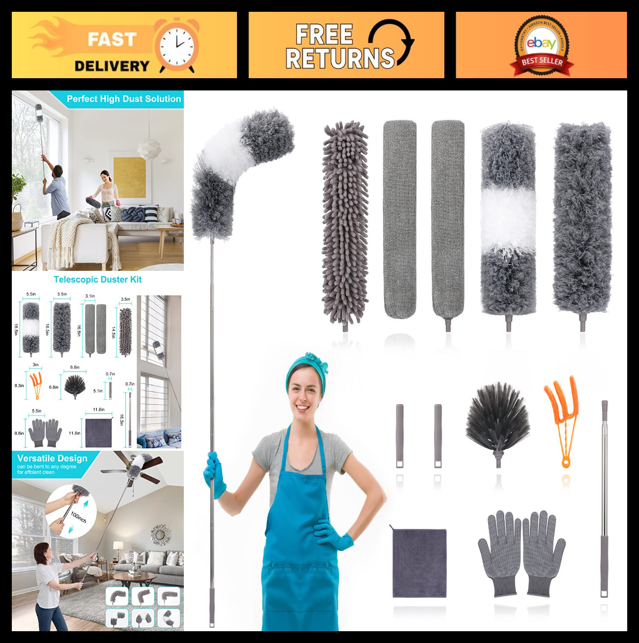 12pcs Microfiber Duster Set with Extension Pole 30-100”, Washable Bendable Dust