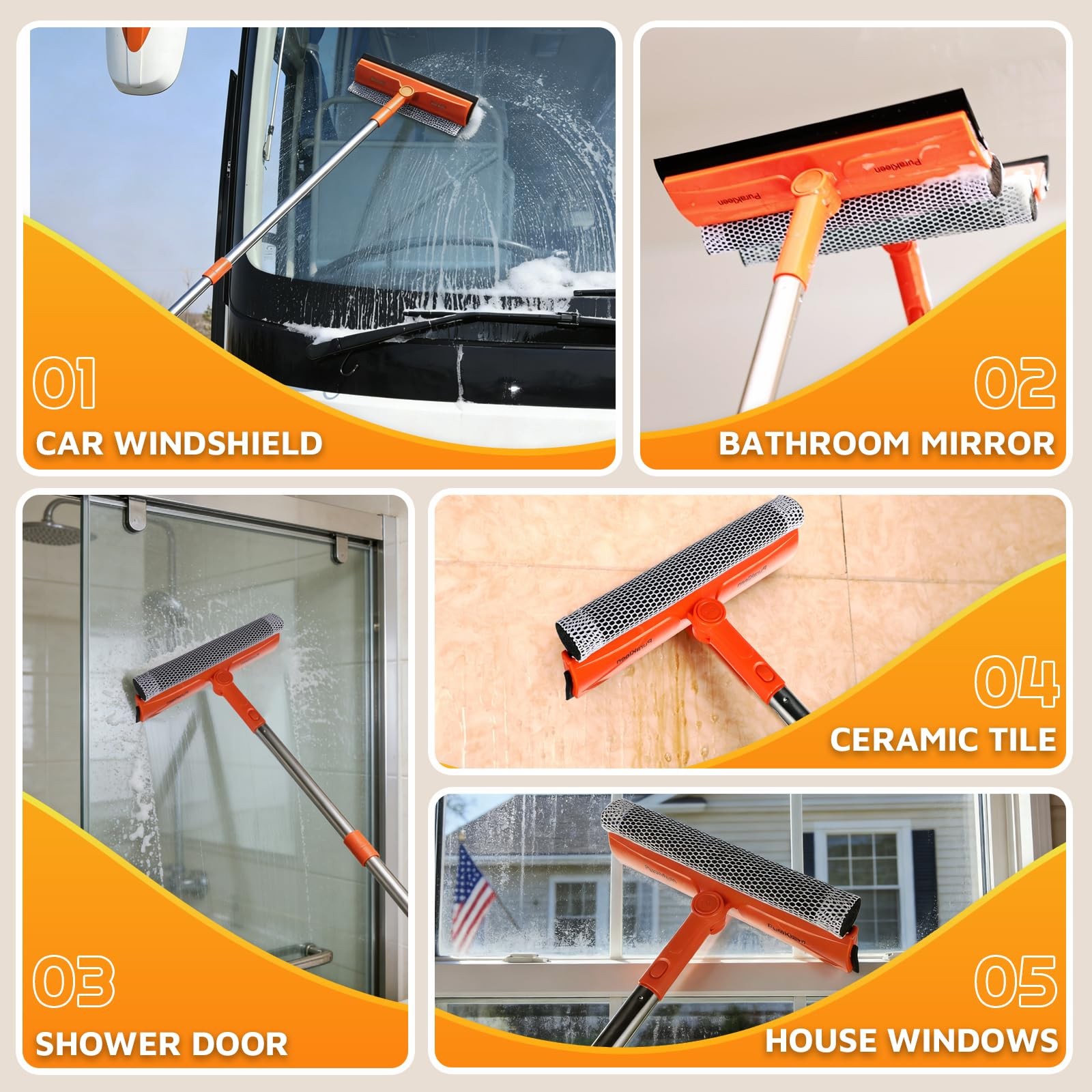 Window Squeegee with 62″ Adjustable Stainless Steel Pole —2-in-1 Sponge Scrub…