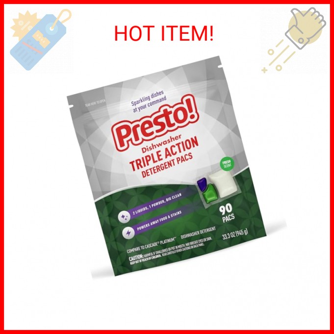 Amazon Brand – Presto! Triple Action Dishwasher Pacs, Fresh Scent, 90 Count