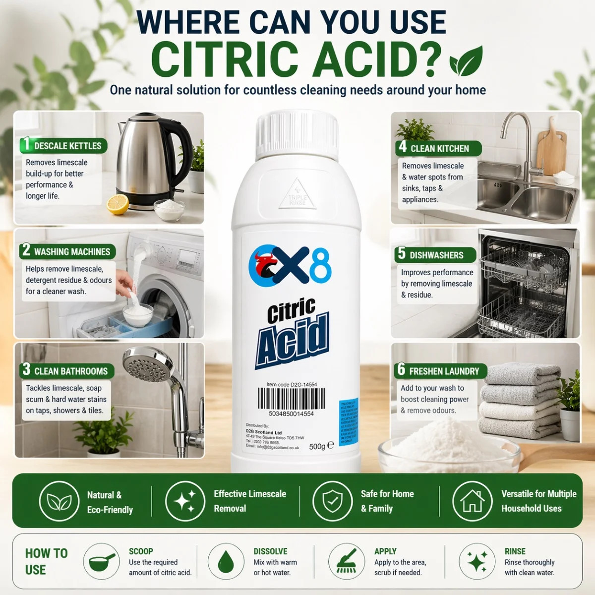 Citric Acid 500g Multi-Purpose Descaler Cleaner Removes Limescale Kettles