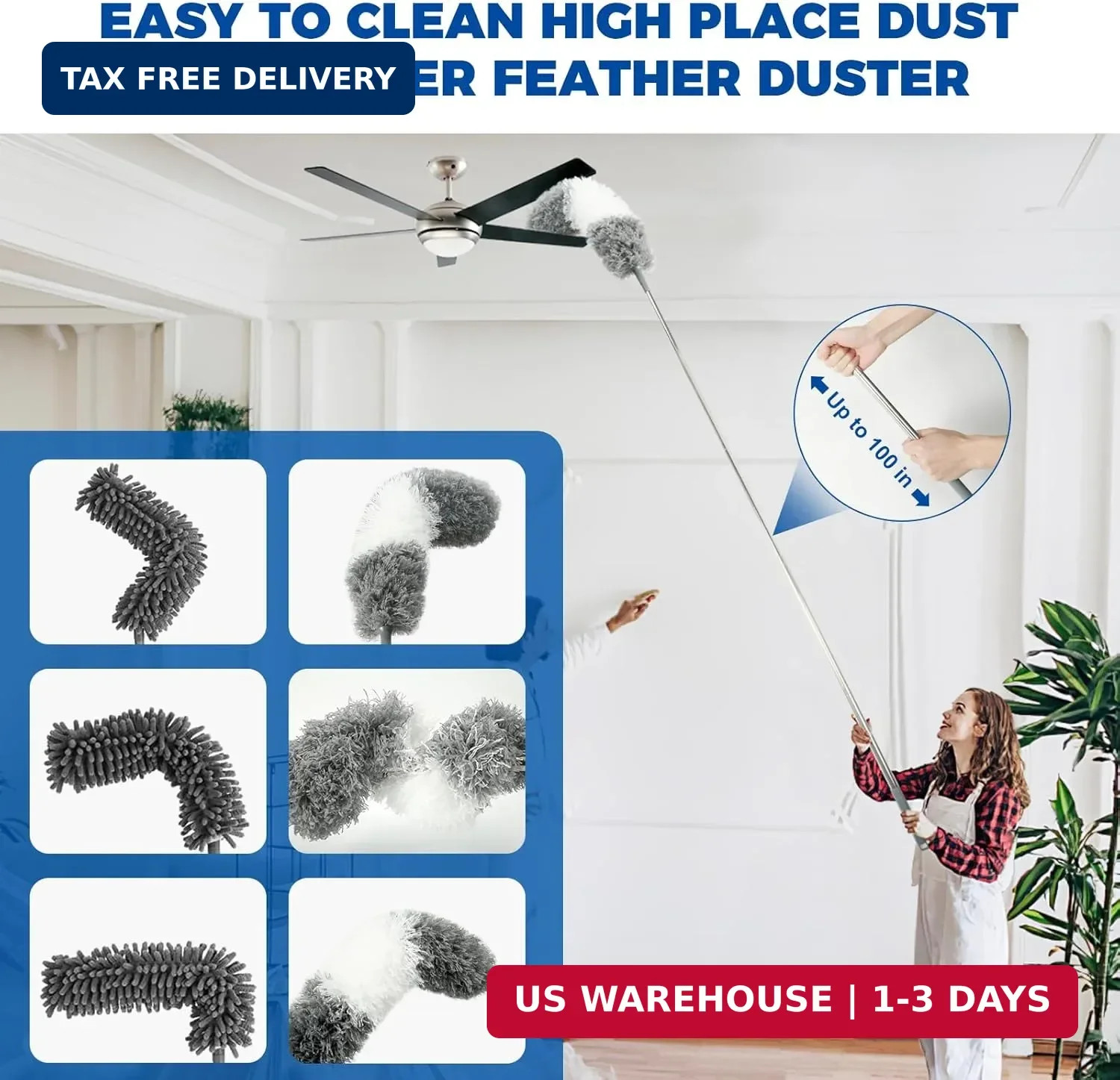 9Pcs Dusters for Cleaning Kit, Extendable Microfiber Duster Tools with 100″ Long