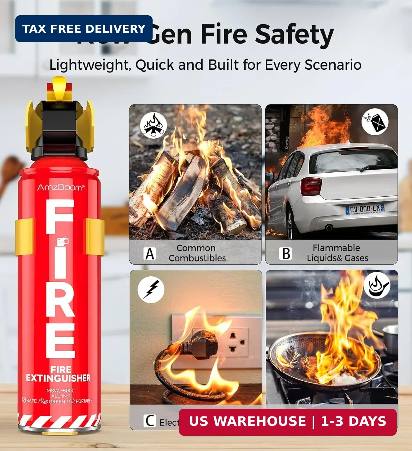 AmzBoom Fire Extinguishers Water-based for Home Kitchen, Car, & Boat 3 Pack-Port