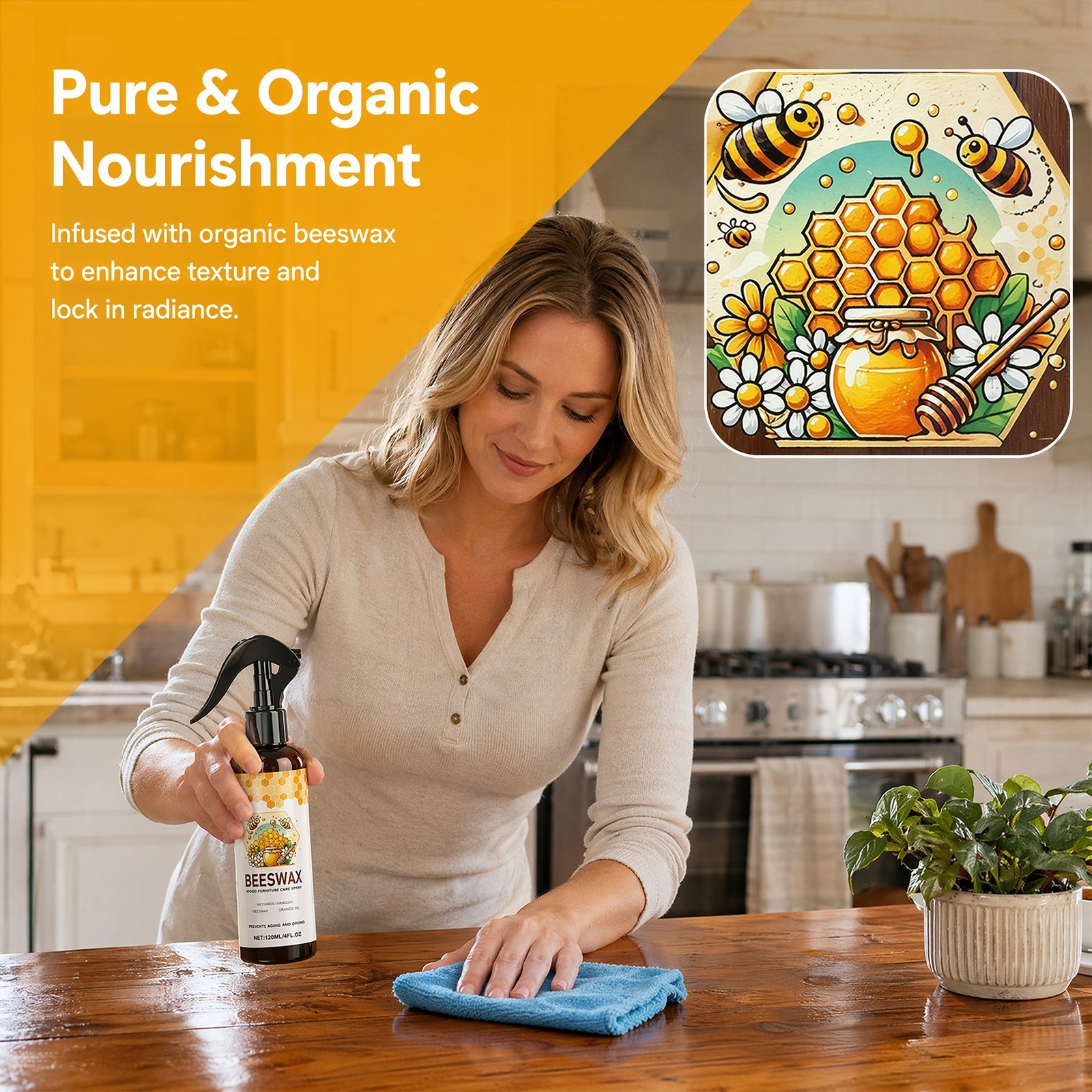 Natural Beeswax Wood Polish Spray – Furniture & Floor Cleaner Restorer