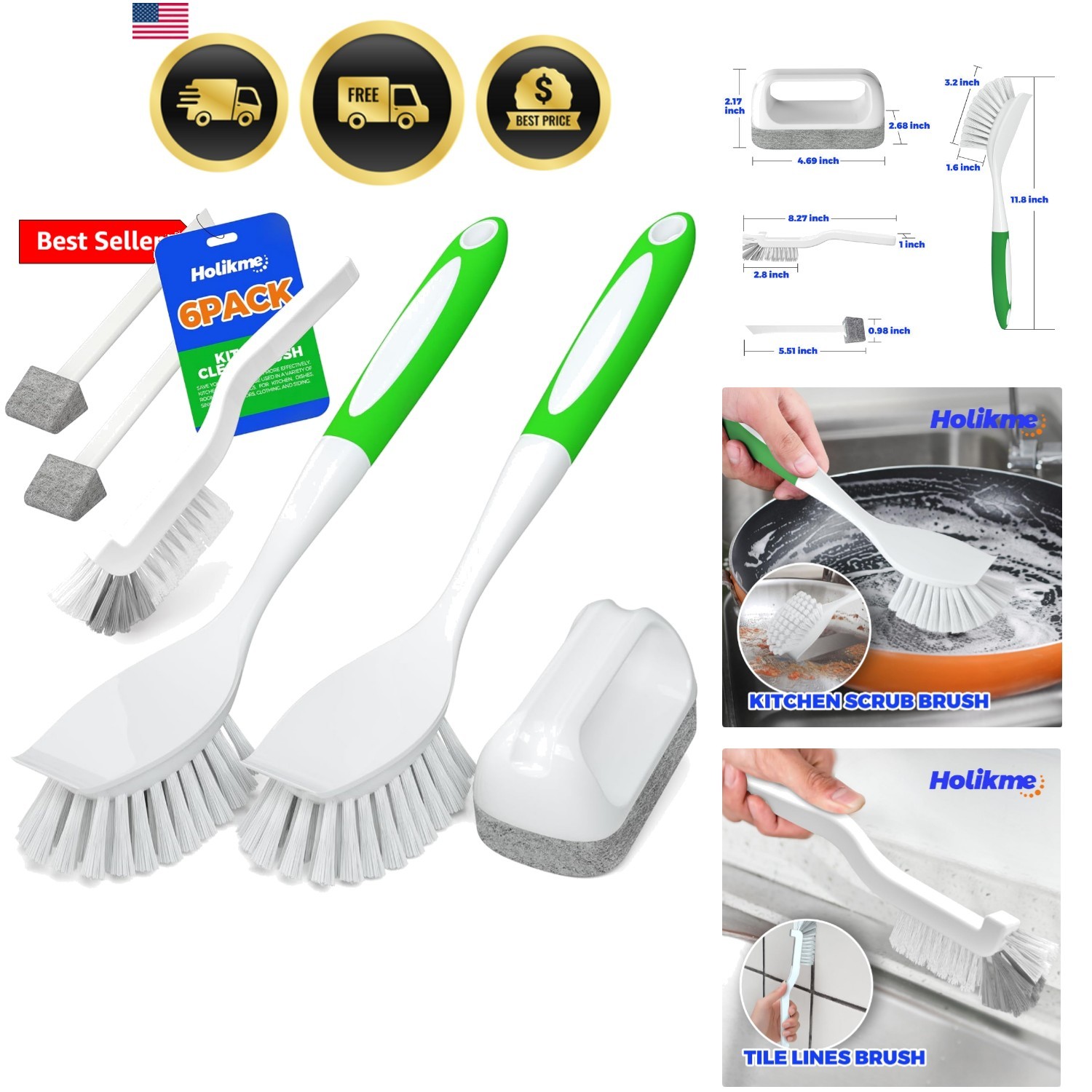 6 Pack Dish Brush with Handle Kitchen Cleaning Brush Set for Pot, Pan, Kitche…