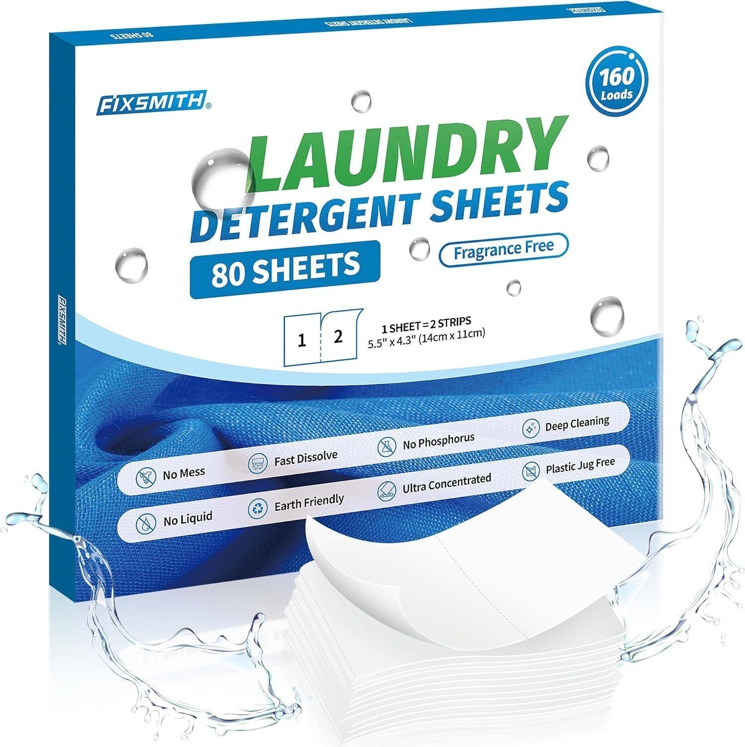 Fixsmith Laundry Detergent Sheets – 160 Loads (80 Sheets) Fragrance Free –