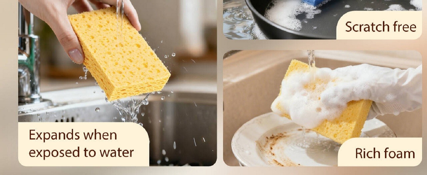 Cellulose Sponges,Heavy Duty Scrub Kitchen Sponge No Scratching,Pop Up Eco DIY