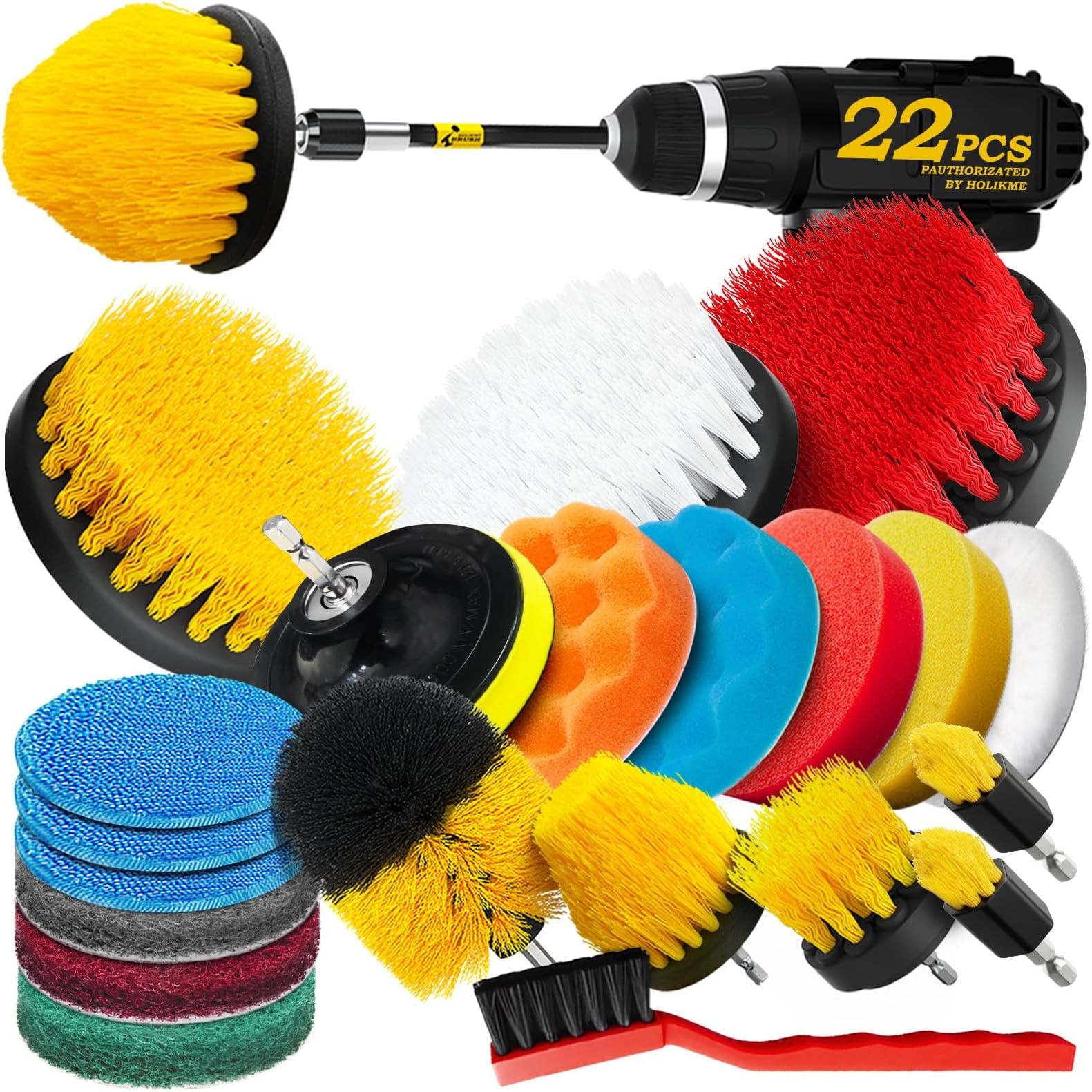Holikme 22Pack Drill Brush Attachments Set,Scrub Pads & Sponge, Buffing Pads,…