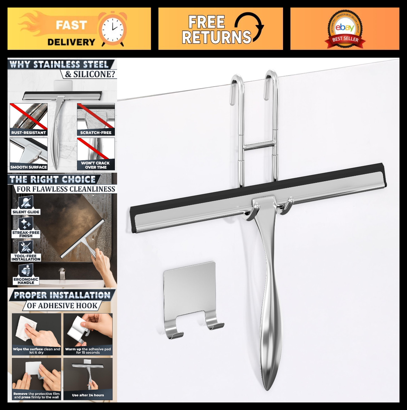 12″ Stainless Steel Shower Door Squeegee – Streak-Free Glass Cleaner with Hooks