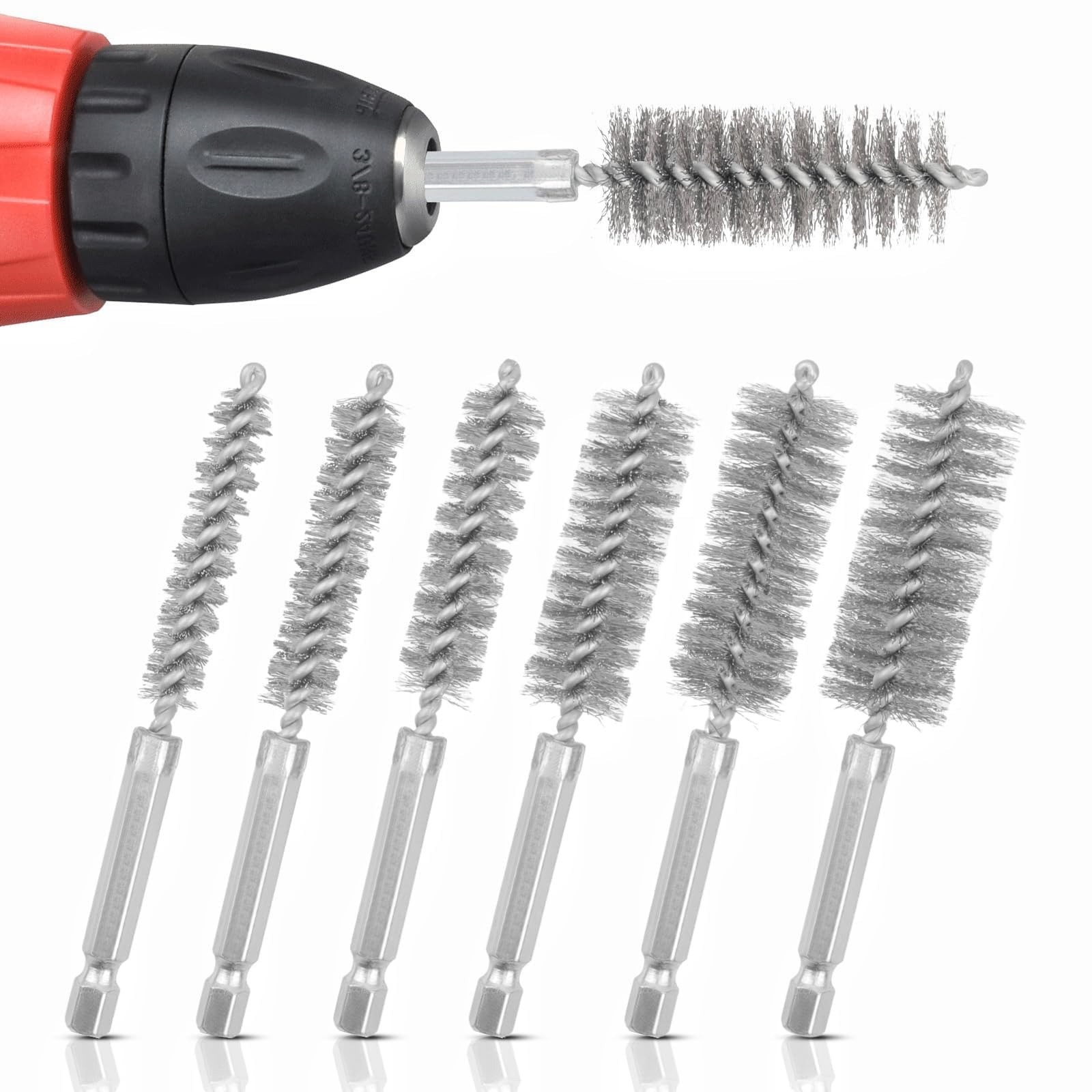 6 Pcs Stainless Steel Wire Bore Brush Set 1/4 Inch Hex Shank Twisted Drill Brush